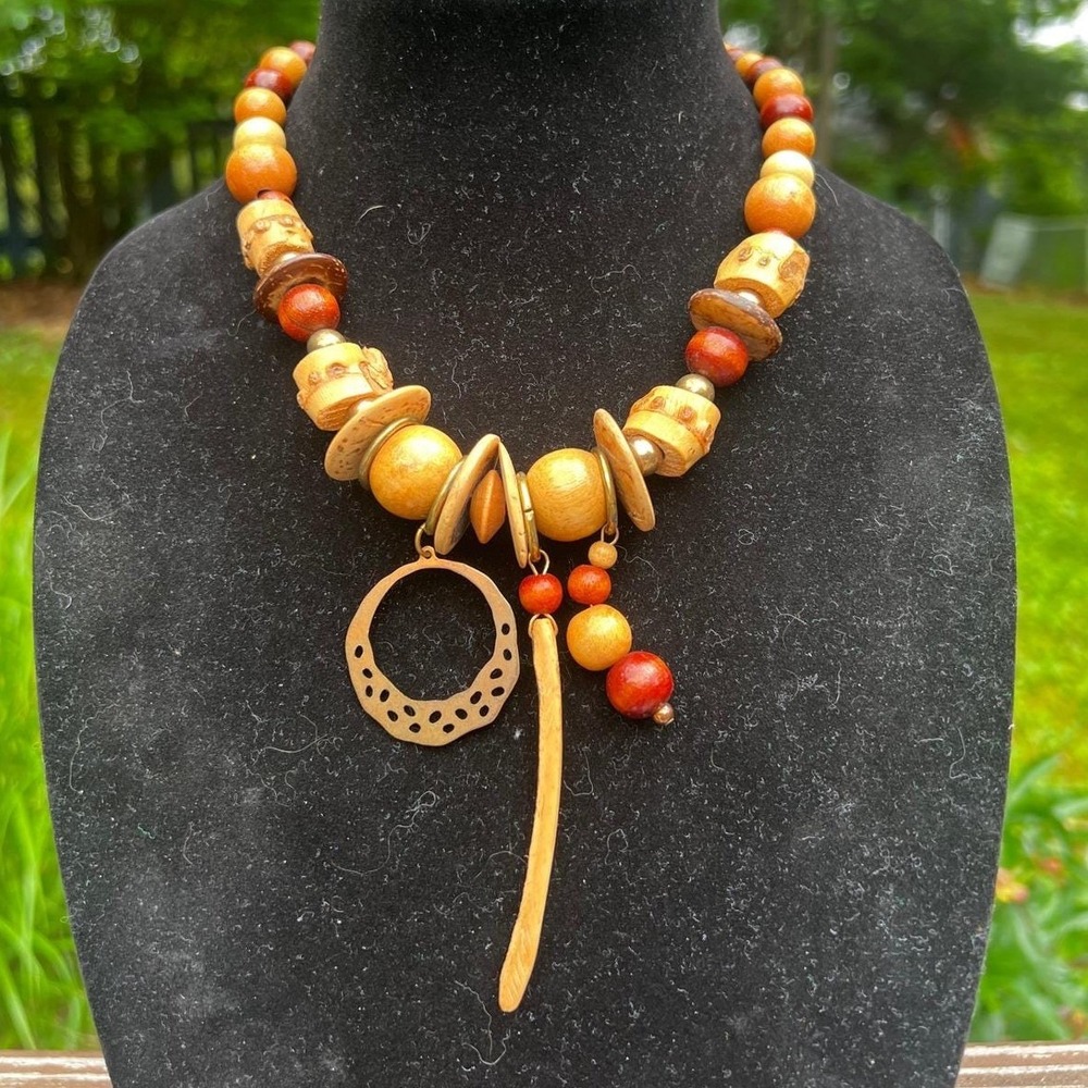 Vtg Boho Wood Beaded Statement Necklace Spike Crescent Charm Earthy Tribal 90s